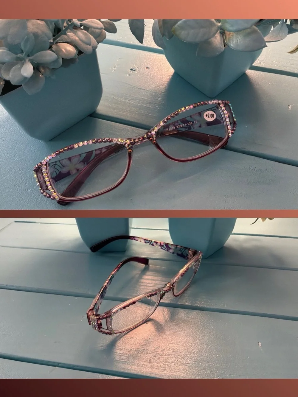 Handmade Bling Reading Glasses (+2.00) -Rhinestone & Faux Pearls